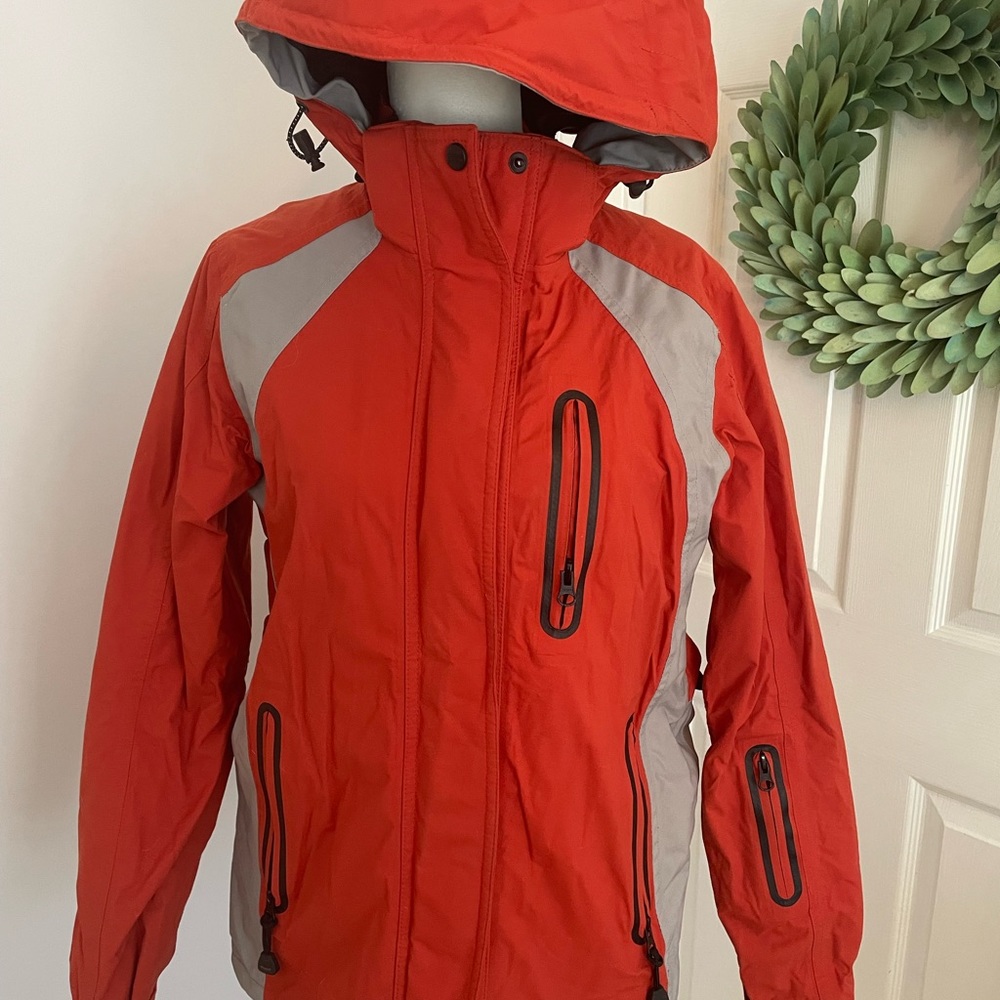Eddie Bauer EBTEK Jacket Anorak Men’ Small Orange & Gray Hood Zip